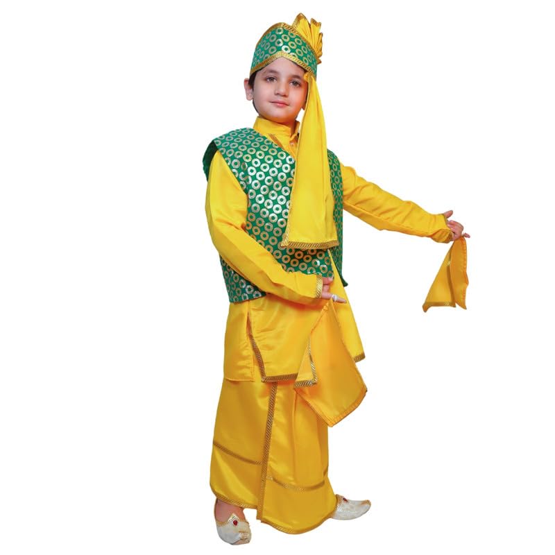 Image of Kaku Fancy Dresses Punjabi Boy Ethnic Costume for Kids - Yellow & Green Kurta Salwar & Turban Set | Indian State Fancy Dress for Boys (14-17 Years)