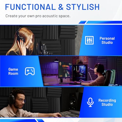 Image of Focusound 24 Pack Curved Acoustic Foam Panels 3 inch x 12 inch x 12 inch Sound Proof Foam Panels Soundproofing Noise Cancelling Wedge Panels for Home Office Recoding Studio with 150 PCS Double-Side Adhesive