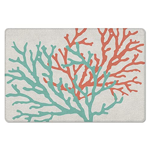 Teal Red Coral Door Mat - Leather Front Door Mat Non-Slip Kitchen Rugs, Summer Ocean Nautical Coastal Rustic Burlap Waterproof Floor Mats Indoor Outdoor Welcome Doormat For Doorway/Bathroom 18"X30" #TOP1