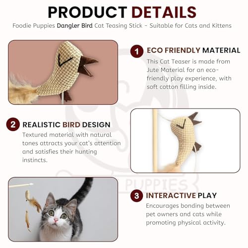 Image of Foodie Puppies Interactive Cat Teasing Wand - (Double Dangler Bird) for Cats and Kittens | Wooden Teaser with Stringed Feathers and Bell | Cat Toy for Teasing & Exerciser