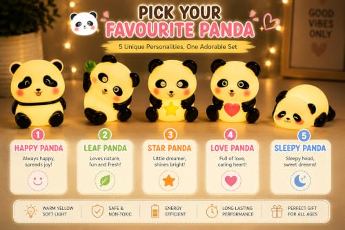 Image of Cubbie Cute Panda Night Light Set, Warm Yellow Glow Decorative Panda Lamps for Kids Room, Bedroom, Study Table, Bedside & Gift Decor, 5 Unique Panda Designs (Cute Pandas 5 PCS Set)