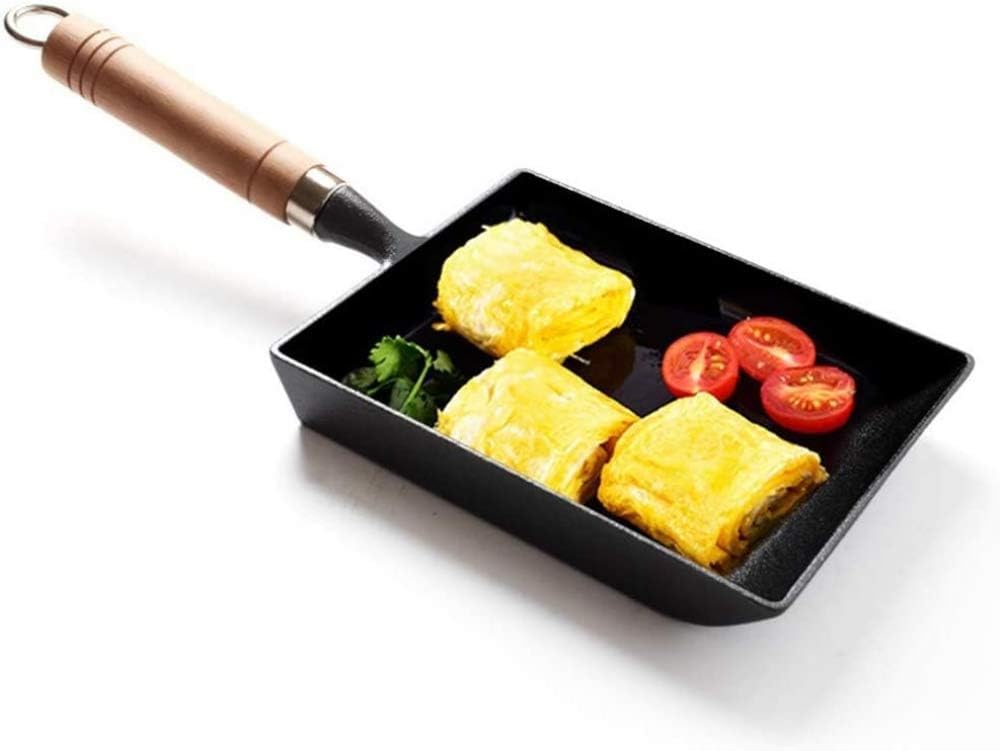 Mini patelnia do omletów, żeliwna patelnia prostokątna z drewnianym uchwytem, niepowlekana, do szybkiego śniadania,