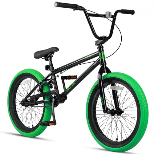 AVASTA Hesper 20 Zoll Kinderfahrrad Freestyle BMX Fahrräder für 6 7 8 9 10 11 12 13 14 Jahre alte Jungen und Anfänger, schwarz mit grünen Reifen