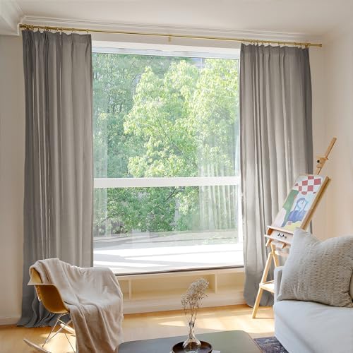 TWOPAGES Medium Gray 100W x 108L Pinch Pleated Curtain for Sliding Glass Door, Natural Linen Drape Light Filtering Pricavy Curtain for Living Room, 1 Panel