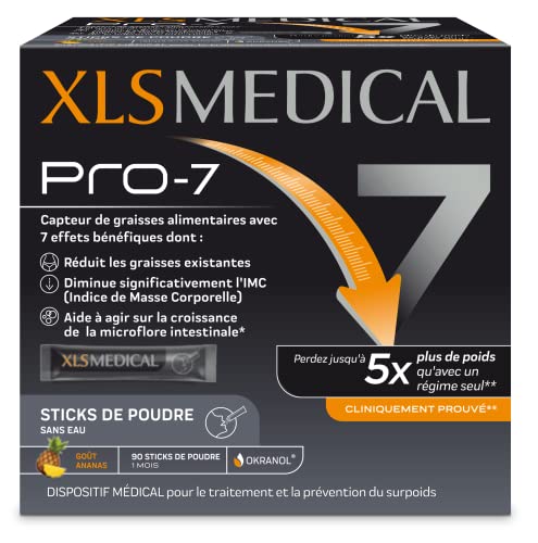 XLS MEDICAL PRO-7 - Sticks De Poudre Pour Une Aide Ã€ La Perte De Poids - 7 Bénéfices (1)(2) - Perdez Jusqu'à 5x Plus De Poids Qu'avec Un Régime Seul (1) - 90 Sticks De Poudre Goût Ananas- 1 Mois