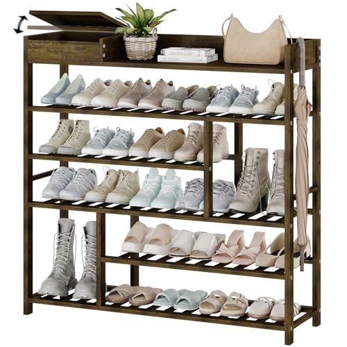 Bamworld Shoe Rack for Front Door Entrance Bamboo Shoe Organizer with Storage Box Free Standing Shoe Cabinet Wooden Shoe Storage Shelf for entryway, Closet and Doorway (Dark Brown)