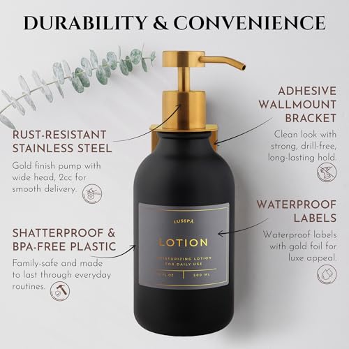 Shower Shampoo Dispenser Wall Mounted – 3 Refillable 16.9 oz Black Bottles with Stainless Steel Pumps & No-Drill Adhesive Holders – Soap Dispenser Set for Bathroom (3 X Black/Gold) - image 6