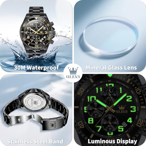 Image of OLEVS Watches for Men Stainless Steel Dress Men Watch with Date Big Face Chronograph Waterproof Luxury Fashion Watch Blue /Black /Gold /Green /Silver Face Relojes para Hombres