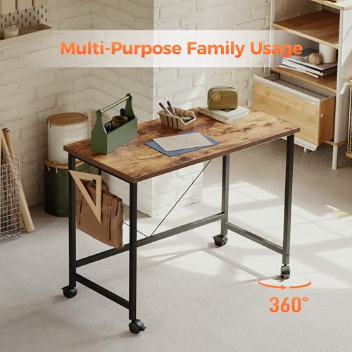 (Caster, Rustic Brown, 32 inch) Rolling Computer Desk with Wheels, Gaming Desk for Small Spaces, Modern Simple Style Table for Home Office, Study Writing Table