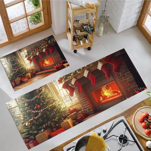 Alfombras de cocina marrones y absorbentes con diseño de chimenea navideña 3