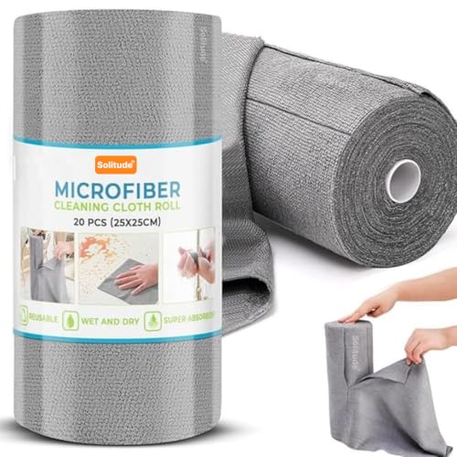 Image of Solitude Microfiber Cleaning Cloth Roll 25x25 cm, Reusable and Washable Tear-Away Kitchen Towel Roll, Very Soft Cleaning Cloths for Home, Kitchen, Office, Car Cleaning (Grey, 1 Roll, 20 Sheet)