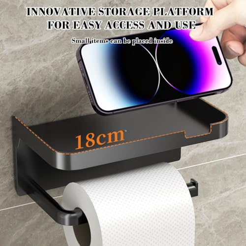 Image of HASTHIP Toilet Paper Roll Holder with Mobile Stand - Plastic Self Adhesive Tissue Holder for Bathroom Toilet Papers Stand Bathroom Accessories(ABS, Black, Square, 18x10x8cm)