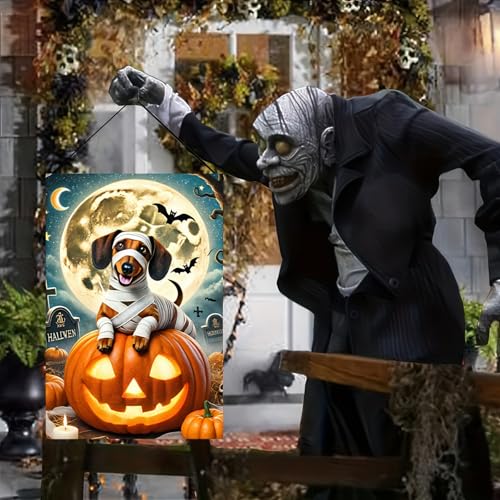 Image of Happy Halloween Garden Flags Ghost Dog Skeleton Dachshund Dog Small Yard Flag for Outdoor Decor 12x18 Inch Vertical Double Sided for Outside Decoration