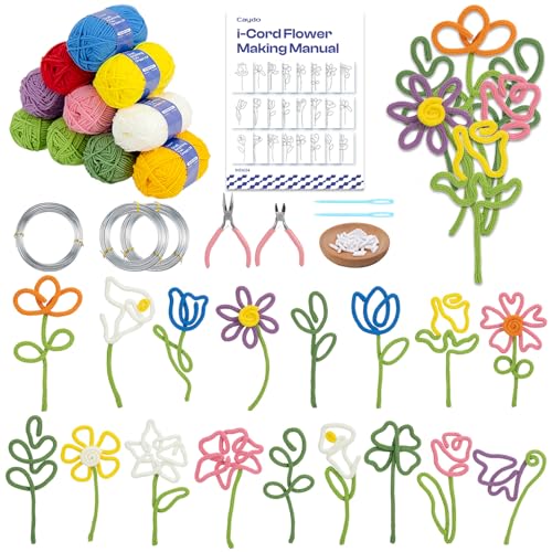 Image of Caydo i Cord Flower Making Kit with 20 Flowers & 4 Leaves Templates, 10pcs Yarn and 82ft Craft Wire Kits for Beginner, DIY Florals Handicraft Making Kit, Learn to Knitting iCord with i Cord Maker Tool