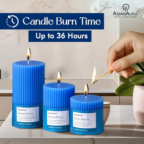 Image of ASIAN AURA Ribbed Pillar Candles - Pack of 3 | Scented Candles for Home Decor, Gifting & Festive Use | Long Burn time up to 36hrs | Clean-Burning Wax & Smokeless Flame (Ocean Breeze)