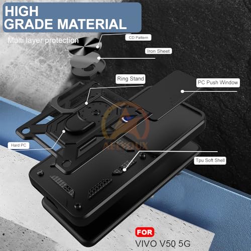 Image of Armor Bumper Back Cover Case for Vivo V50 /V50e /Vivo T4R /V50 Elite Edition /iQOO Z10R 5G Rotating Camera Cover, Ring Holder & Kickstand | Heavy Duty & 360 Degree Protection Back Cover (Black)