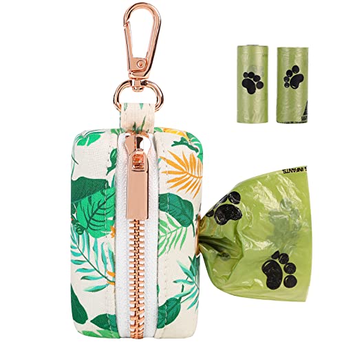 Image of ARING PET Dog Waste Bag Dispenser, Cotton Doggy Poop Bags Holders Attach to Any Leashes, Portable Washable Leaf Pattern Pet Waste Pouch Dispenser with Metal Zipper