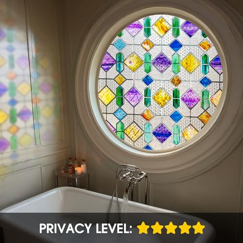 Windimiley Stained Glass Window Privacy Film: 3D Colorful Geometric Decorative Bathroom Frosted Window Clings Sun Heat Blocking Window Tint For Home Non Adhesive Door Covering thumb #2