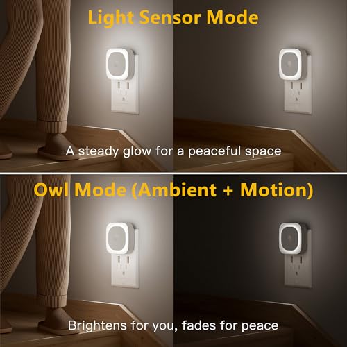 Image of YUNLEX 2 Pack Plug in Night Light with Motion Sensor & Dusk to Dawn Sensor, 3 Sensor Modes, Night Lights Plug into Wall, Auto ON /Off, Dimmable Nightlight for Bathroom, Stairs, Kitchen, Cool White