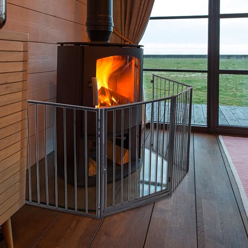 QEENTOE Kaminschutzgitter Metall Ofenschutzgitter Türschutzgitter Baby Kinder Kaminschutzgitter Sicherheitsbarriere Für Kamine und Öfen Inkl.5 Elemente Schwarz 305x 76CM