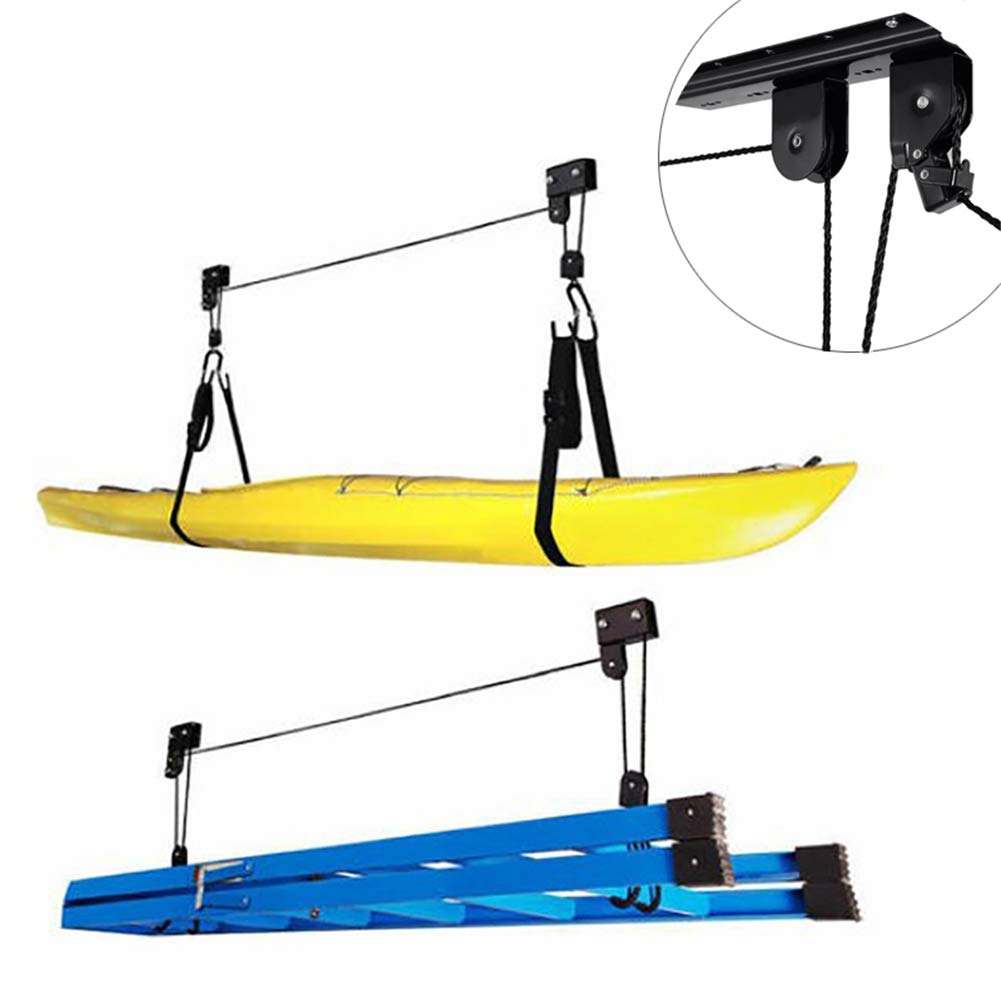 Kayak Hoist Ascenseur Garage Stockage Canoë Treuils 110 LB Capacité - Plafond intérieur Suspendu Rack Poulie pour Paddle Board, Snow Board, Planche de Surf, Wake Board, vélo