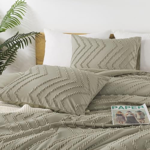 Image of Andency Oatmeal Comforter Set Queen Size, Boho Soft Warm Tufted Bedding Comforter Sets for Queen Size Bed, 3 Pieces Aesthetic Chevron Farmhouse Cute Bohemian Textured Bed Set