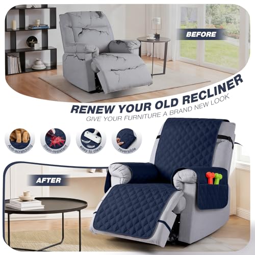 Image of TAOCOCO 100% Waterproof Recliner Covers, Recliner Sofa Covers with Leg Straps, Reversible Recliner Couch Cover for Reclining Chair, Washable Couch Protector for Pets Kids(1 Seater 28 inch, Dark Blue)