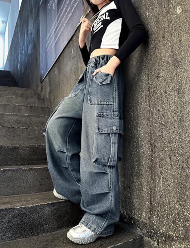 Image of Rolanko Girls Cargo Pants Baggy Y2K Cargo Trousers Jeans Wide Leg Pants with Multi Pockets 4-15 Years