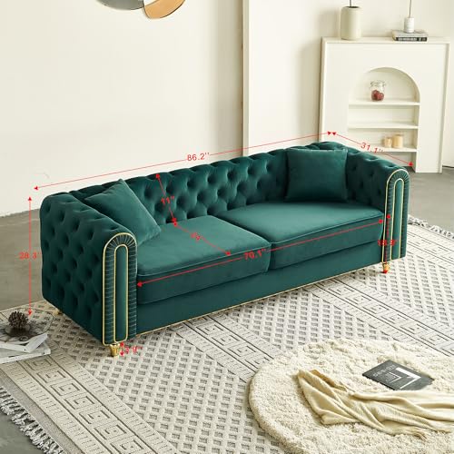 Image of KEIKI 86 inch Chesterfield Velvet Button Tufted Sofa with High Density Foam Cushions and 2 Toss Pillows, Modern Style 3-Seater Couch with Gold Strip Trim Decoration, Easy Assembly, for Living Room, Green