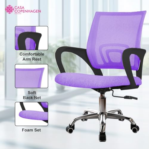 Image of Casa Copenhagen Mesh Mid Back Office /Study /Computer /Revolving /Desk Chair for Work from Home -Metal Base, Height Adjustable Seat- Purple & Black Handle