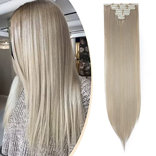 S-noilite - Extension a Clip Cheveux Naturel Clip in Hair Extensions Tête Pleine 8 Bandes 18 Clips 66cm Tout Droit - Blond cendré mix gris argenté