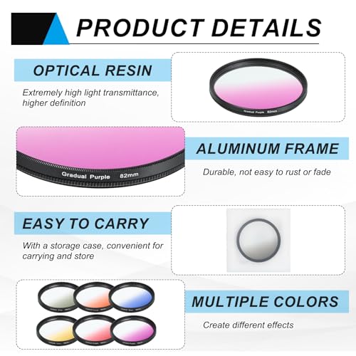 QUARKZMAN Zestaw filtrów 82 mm, zestaw 6 filtrów do obiektywu aparatu, akcesoria z etui i ściereczką do czyszczenia obiektywu, do lustrzanek, pomarańczowych, żółtych, niebieskich, fioletowych