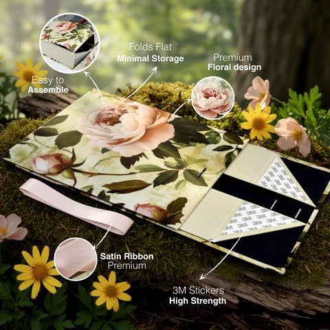 Image of RBS - Medium Foldable Gift Box (26 x 26 x 10cm) Decorative Gift Packing Box with Ribbon (1 Pack) Holds Upto 8 kg Hamper Boxes for Gift Empty All Occasions Reuse Gift Box for Packaging (M-Flora Luxe)