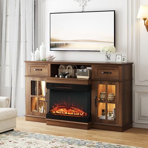 VINGLI Fireplace TV Stand up to 65'' TVs, 3-Sided Glass Entertainment Center with Electric Fireplace Heater & Glass Doors and Drawers, Fireplace Media Console Table With LED Light, Living Room, Walnut