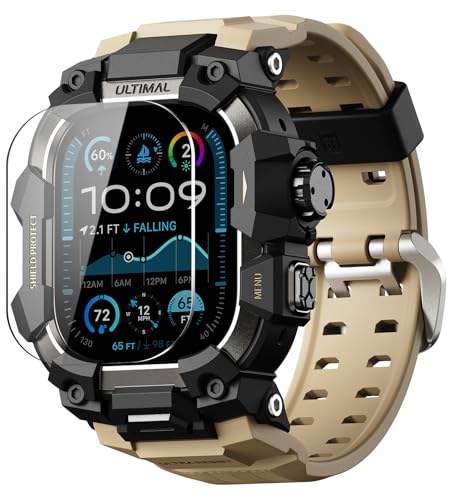 ULTIMAL �R���p�`�u�� Apple Watch Ultra 3/Ultra 2/Ultra �o���h �A�b�v�� �E�H�b�` �o���h 49mm �P�[�X ��̌^, �~���^���[�O���[�h�ϏՌ��o���p�[�J�o�[TPU/TPE �ϏՌ� ����~�� �ϋv�� �����h�~ (�f