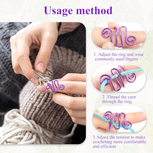 Image of HUISUYTON 4Pcs Handmade Crochet Tension Ring, Adjustable Crochet Tension Ring for Finger, Metal Open Yarn Guide Crocheting Loop Ring, Gifts for Crocheters Knitters Mother Grandma