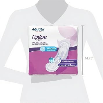 Equate Options Incontinence Pads for Women, Ultimate Absorbency, Long Length, Odor Guard, 51 Count
