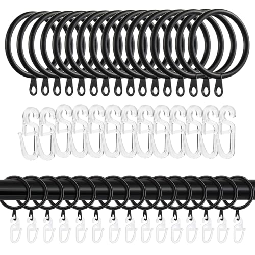 Jizxol Anillos de cortina negros, 40 anillos de cortina de metal y 40 ganchos de cortina de plástico, anillos de cortina con ganchos, para ventana, puerta, cortina de ducha para rieles, diámetro