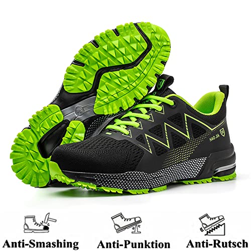 Foto von AFJYG Sicherheitsschuhe Herren Atmungsaktiv Arbeitsschuhe Damen Leicht Sportlich Stahlkappenschuhe rutschfest Schutzschuhe, Grün, EU 44