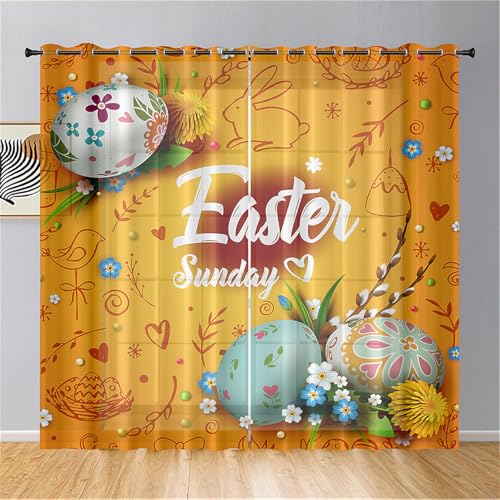 Hiseng Cortinas Salon Modernas, Bonitas Cortinas Dormitorio Juvenil con Ojales, Translucidas Visillos para Ventanas Habitacion, Visillos Salón 2 Piezas (Tema de Pascua,107x213cm)