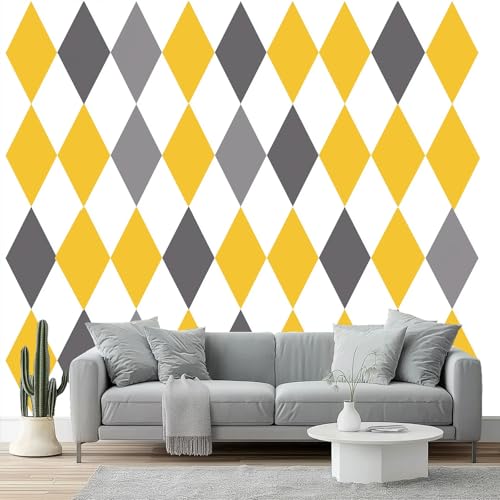 Fotomurales Patrón de cuadros de diamantes, moderno, simple Papel pintado tejido no tejido decoración Pared decorativos 250 x 175 cm Sala Cuarto Oficina Salón Decoración Casa Amarillo Gris