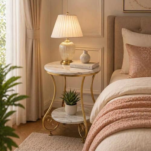 Image of CARTADEN 2 Tier End Table in Living Room, Industrial Style Round Bedside Table with Storage, Small Outdoor Coffee Table for Bedroom Balcony Patio
