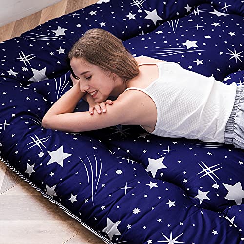 Image of MAXYOYO Navy Starry Sky Japanese Floor Futon Mattress, Tatami Mat Portable Camping Mattress Kids Sleeping Pad Foldable Roll Up Floor Lounger Couch, King Size