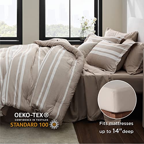 Bedsure HU-XI-141 Bed In A Bag Queen Size 7 Pieces, Light Camel White Striped Bedding Comforter Sets All Season Bed Set Khaki thumb #2