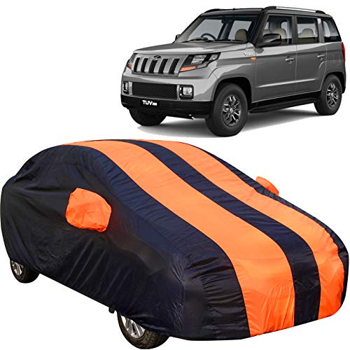 Image of 190 Taffeta Water Resistant Car Body Cover Compatible with Mahindra TUV 300 with Mirror Pockets (Orange /Navy Blue)