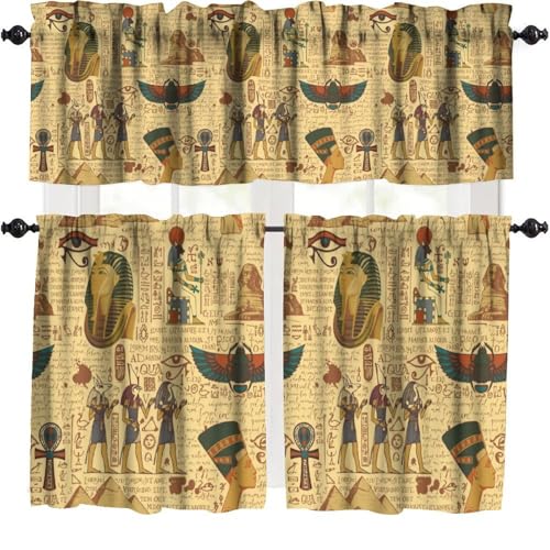 KANEPE Egyptian Kitchen Valances Curtain Ancient Egypt Themed Pattern Window Treatment Valances Short Curtains Rod Pocket Drape for Dining Room Home Bedroom Decor, 54x18 in + 27x24 in X 2