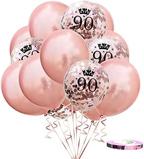 Dusenly 15pcs 90th Birthday Balloon Rose Gold 12inch Happy Birthday Latex Confetti Balloons Set for 90th Birthday Party Decoration Supplies