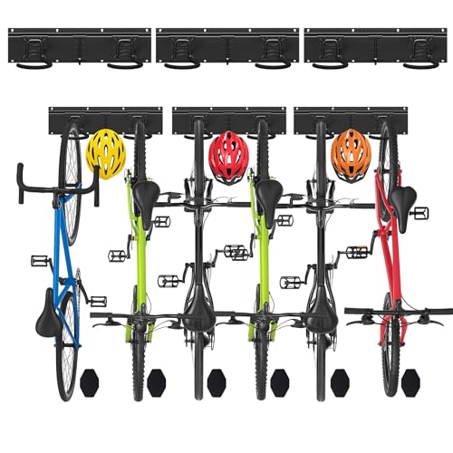 VOUNOT® Soporte de Pared para Bicicletas Portabicicletas Pared Vertical Ganchos para 6 Bicis 3 Cascos Estante de Almacenamiento Bicicleta con Almohadillas de Silicona Aparcabicicletas para Garaje Casa