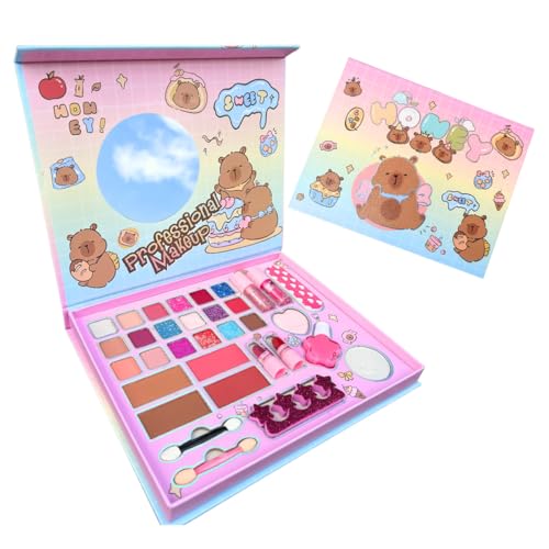 Kit Estojo de Maquiagem Infantil com Tema Capivara, 18 Sombras, 4 Blushes, 2 Batons, 2 Gloss, Espelho, Esmalte, Esponja, Pó Compacto