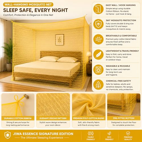 Image of Mosquito Net for King Size Bed & Double Bed (6x7 ft, Wall /Hook Hanging) Poly-Cotton Blend Fabric with Zigzag Wave Line Pattern, Pre-Fitted Bottom & Cotton Ribbon (Honey Yellow)